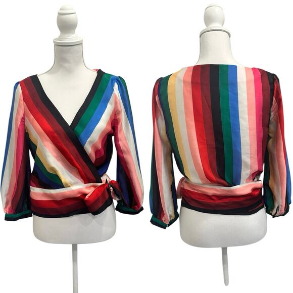 Alice + Olivia Dyanna Rainbow Multicolor Stripe Wrap Blouse Vibrant Pride Chic - Picture 2 of 10